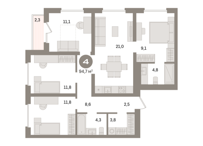 94.00 м² | 9 - 15 эт.