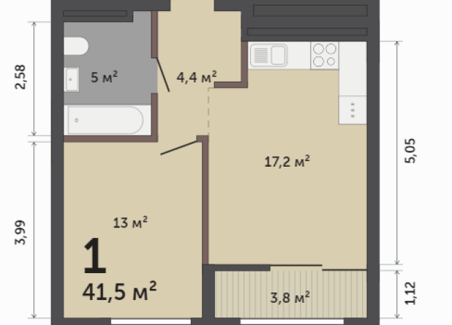 41.50 м² | 15 - 17 эт.