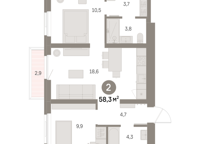 58.00 м² | 7 - 9 эт.