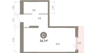 34.00 м² | 9 - 16 эт.