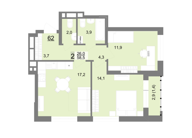 58.50 м² | 10 - 23 эт.