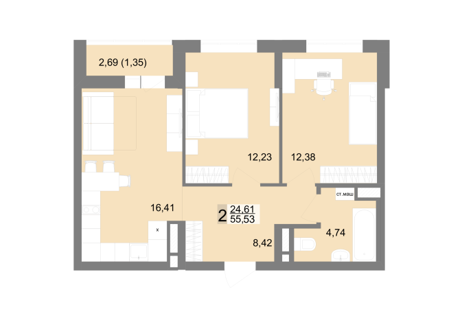 55.53 м² | 6 - 22 эт.