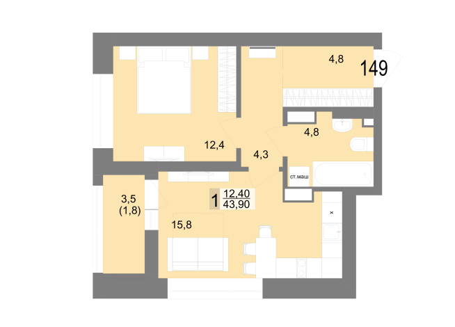 43.90 м² | 23 - 25 эт.