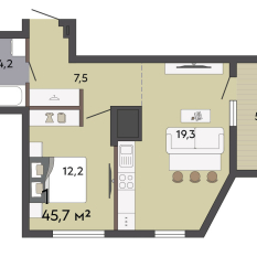 45.70 м² | 12 - 19 эт. 00