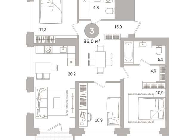 86.00 м² | 4 - 17 эт.