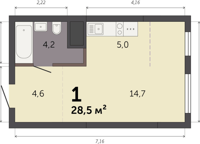28.50 м² | 5 - 32 эт.