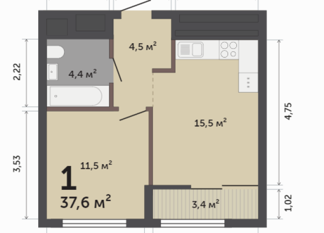 37.60 м² | 9 - 17 эт.