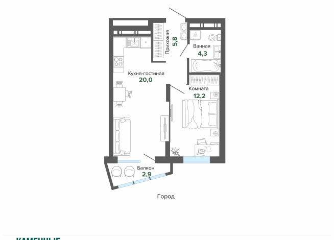 45.12 м² | 16 - 25 эт.