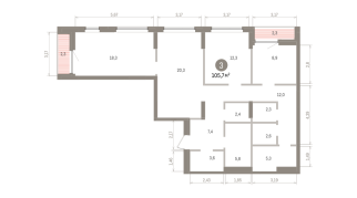 105.00 м² | 9 - 16 эт.