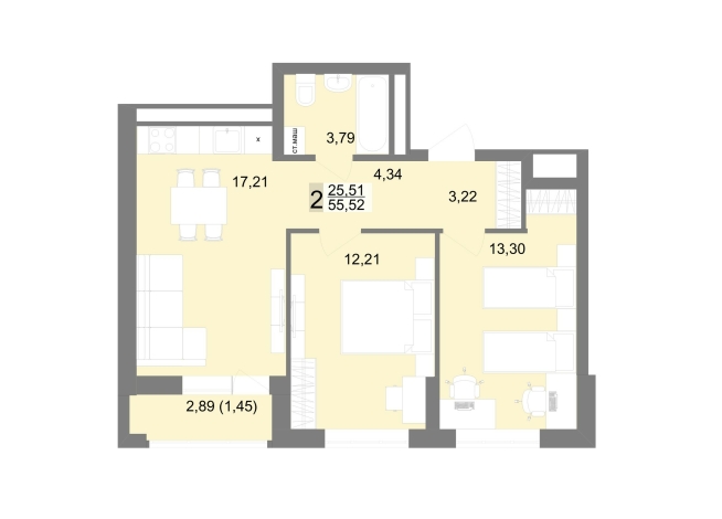 55.52 м² | 21 - 22 эт.