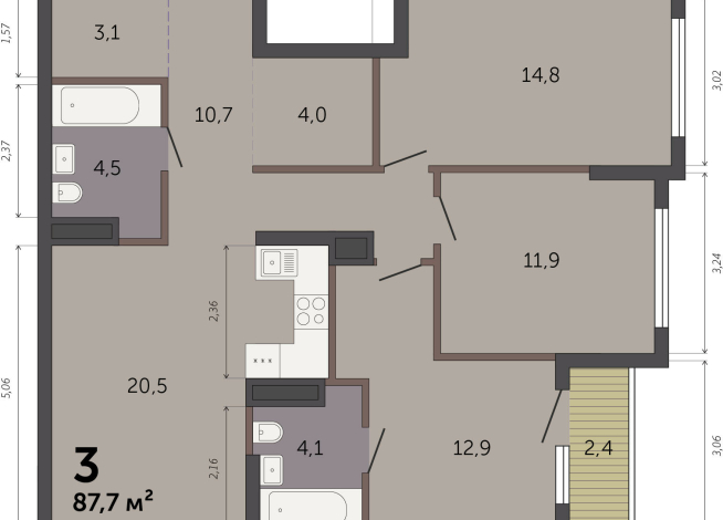 87.70 м² | 9 - 32 эт.