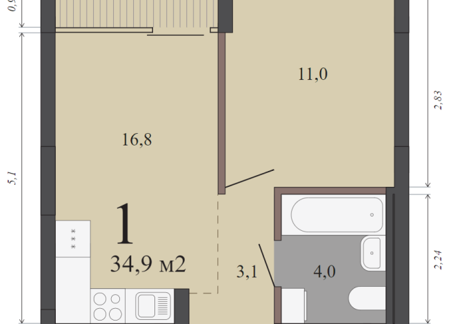 34.90 м² | 11 - 15 эт.