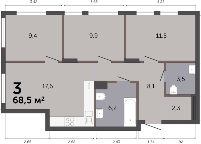 68.50 м² | 1 - 19 эт.