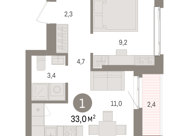 33.00 м² | 16 - 25 эт.