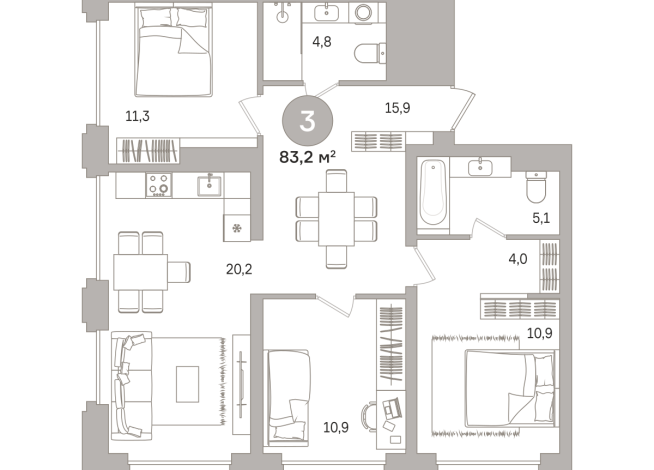 83.00 м² | 3 - 17 эт.
