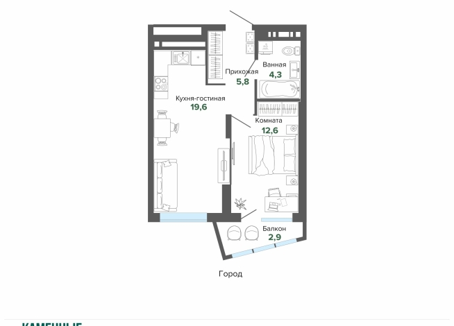 45.09 м² | 14 - 25 эт.