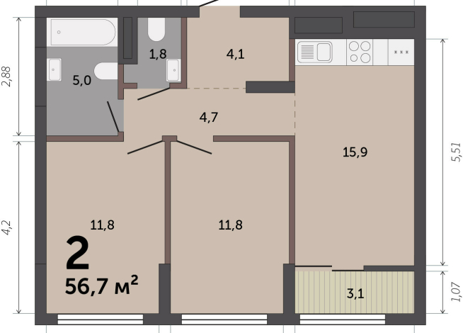 56.70 м² | 12 - 12 эт.