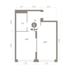45.00 м² | 4 - 16 эт. 00