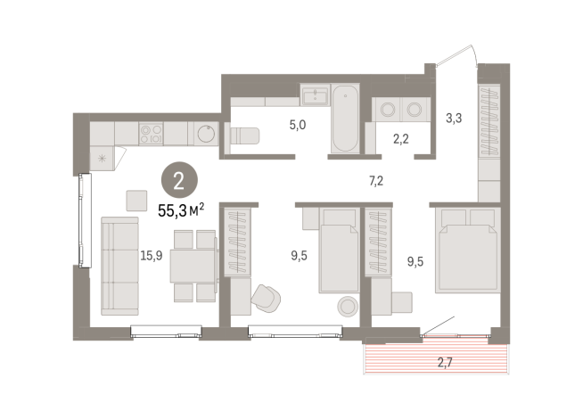55.00 м² | 13 - 16 эт.