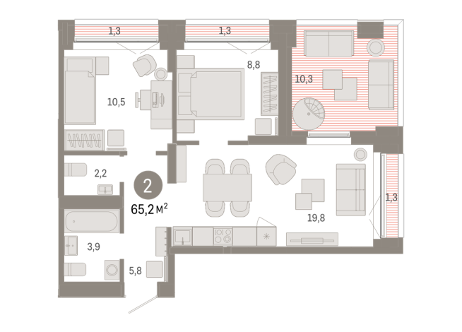 65.00 м² | 15 - 16 эт.