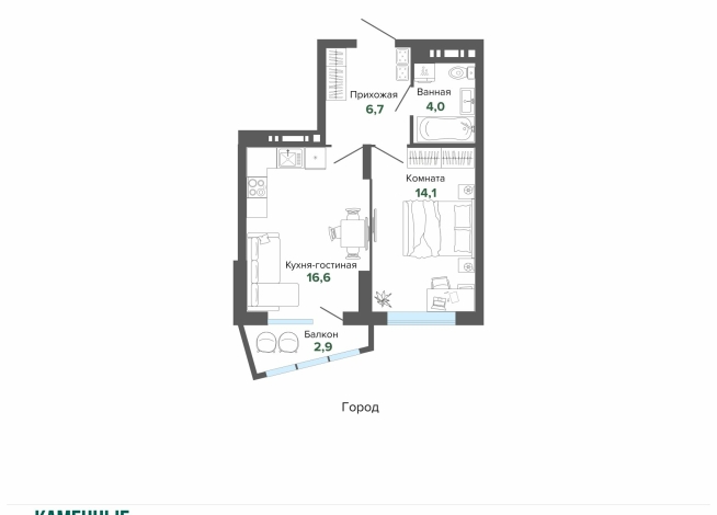 44.18 м² | 14 - 25 эт.