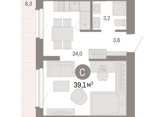 39.00 м² | 8 - 9 эт.