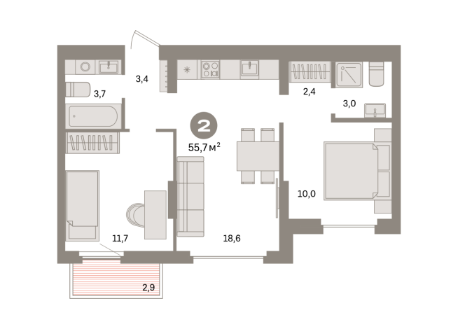 55.00 м² | 7 - 9 эт.