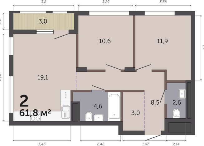 61.80 м² | 3 - 19 эт.
