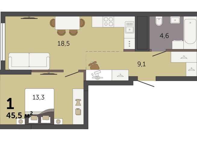45.50 м² | 26 - 32 эт.