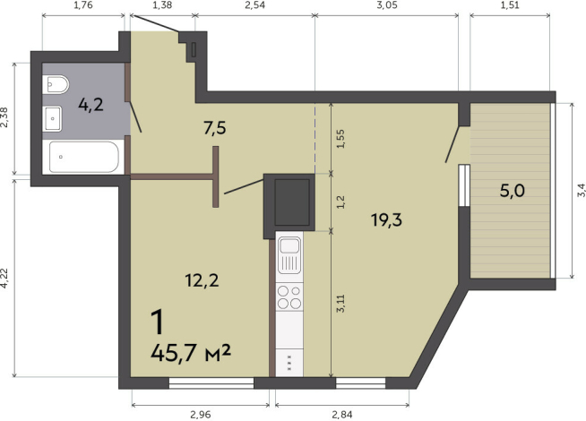 45.70 м² | 12 - 19 эт.