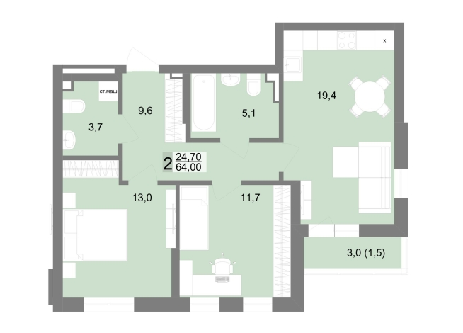 64.00 м² | 2 - 25 эт.