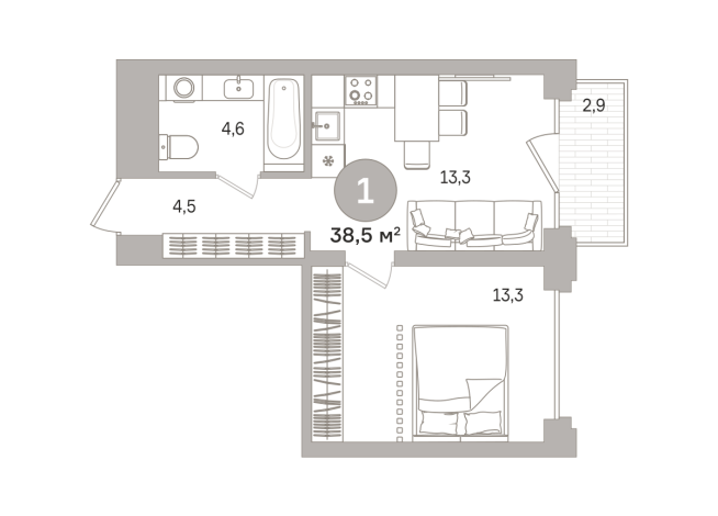 38.00 м² | 9 - 17 эт.