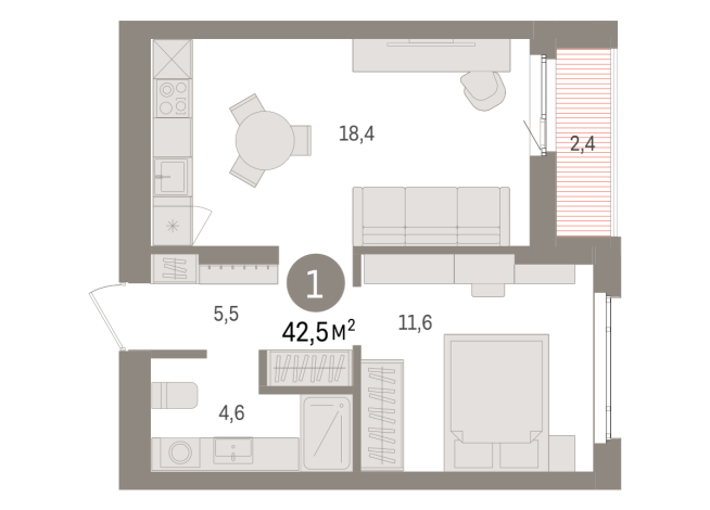 42.00 м² | 11 - 16 эт.