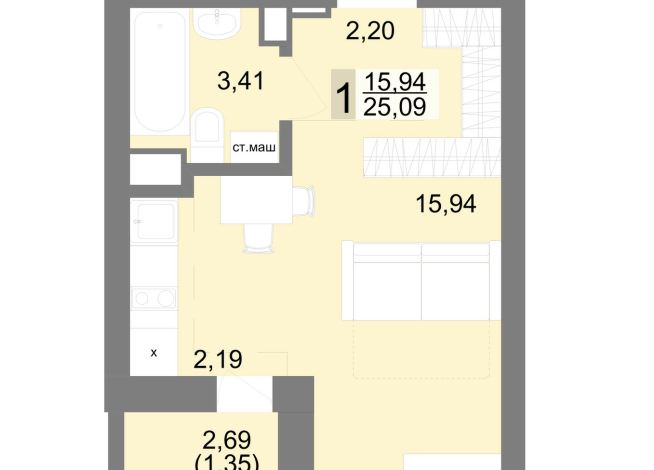 25.90 м² | 21 - 27 эт.