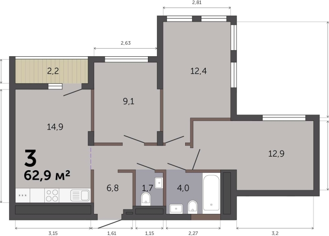 62.90 м² | 3 - 19 эт.