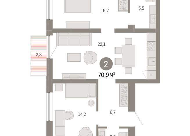 70.00 м² | 8 - 9 эт.