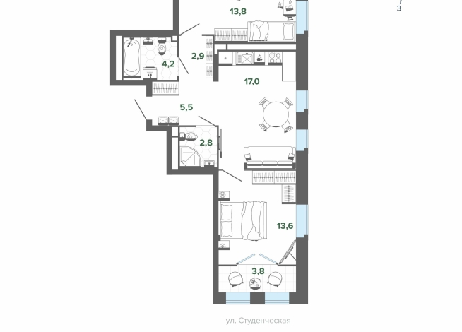 63.71 м² | 15 - 18 эт.