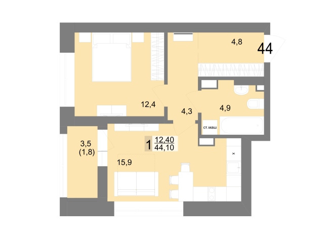 44.10 м² | 8 - 25 эт.