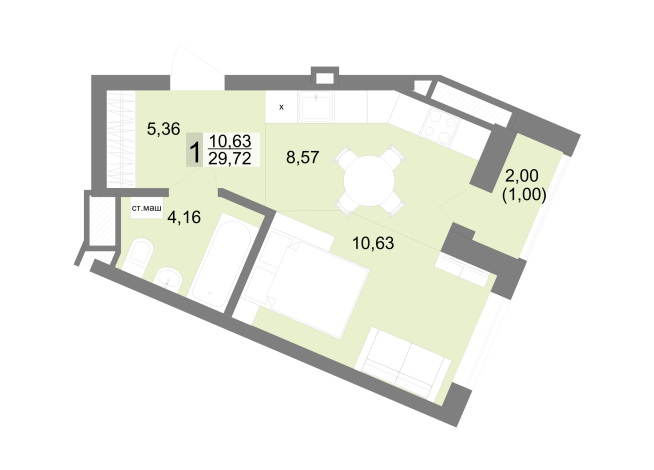 29.72 м² | 15 - 22 эт.