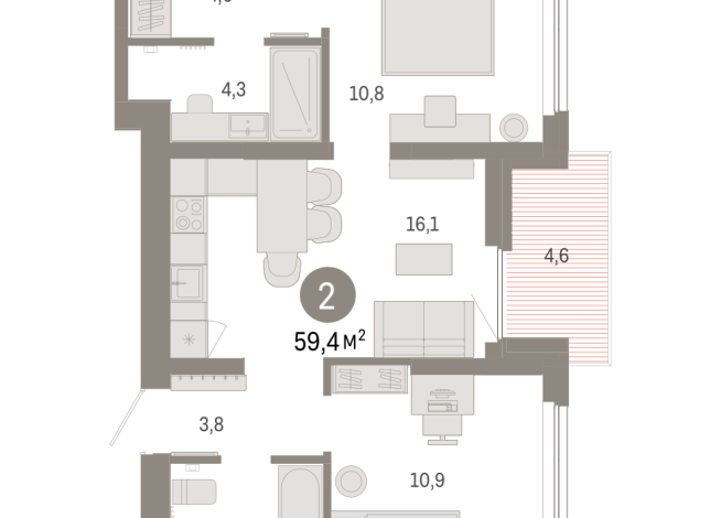 59.00 м² | 9 - 9 эт.