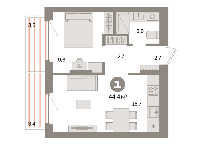 44.00 м² | 4 - 9 эт.