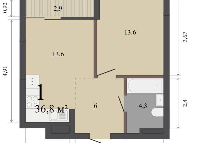 36.80 м² | 12 - 12 эт.