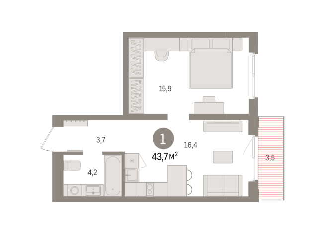 43.00 м² | 6 - 9 эт.
